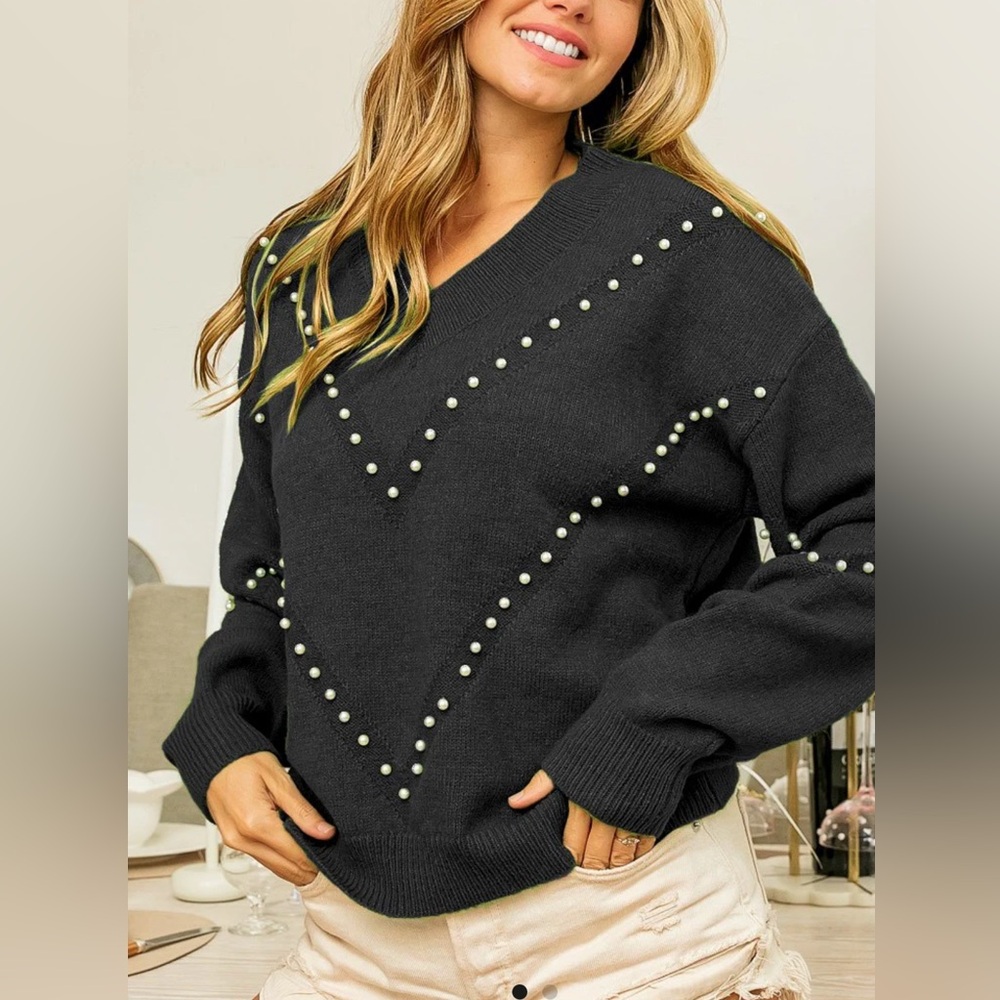 BIBI Black Sweater Pearl Embellished Long Sleeve Sweater Size Small NWT